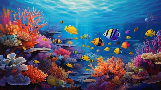 картина тропической рыбы и кораллового рифа с большой желтой и черной бабочкой.