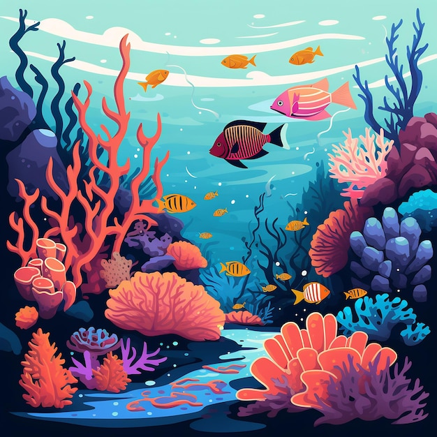 a painting of a tropical fish and corals with the words fish and corals