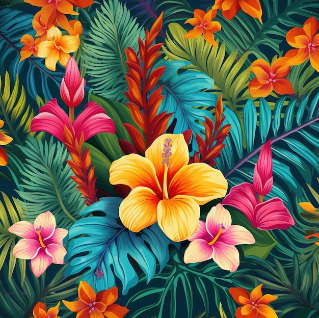 Photo a painting of tropical flowers and leaves from the jungle.