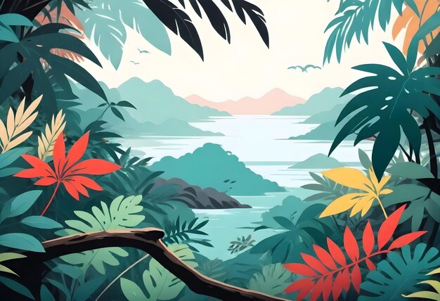 Photo a painting of a tropical forest with a lake in the background