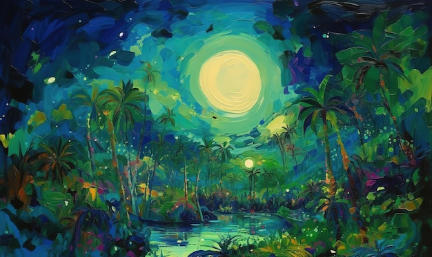 A painting of a tropical forest with a moon in the sky.