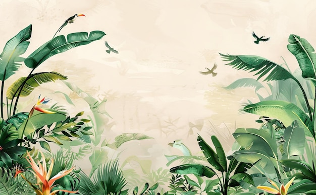 a painting of a tropical forest with tropical plants and birds