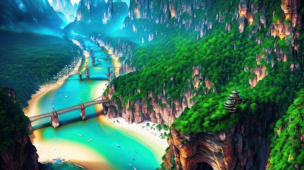 A painting of a tropical island with a bridge and a bridge.