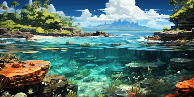Картина тропического острова с кораллами и рыбами.