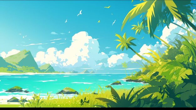 Photo a painting of a tropical island with palm trees and the ocean in the background