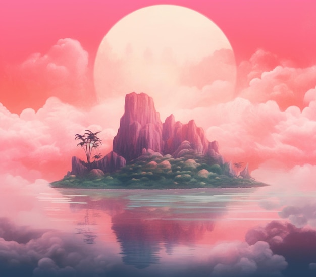 나무와 분홍색 하늘을 가진 열대 섬의 그림