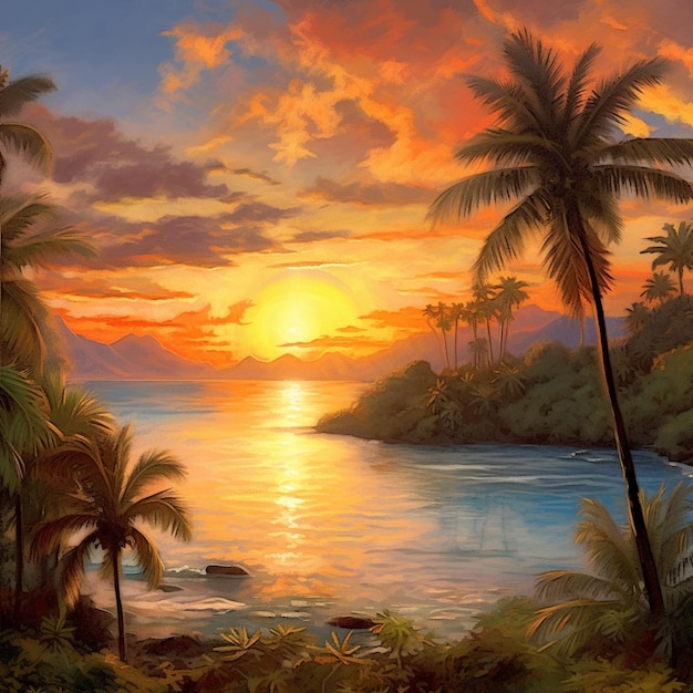 A painting of a tropical island with palm trees and the sun setting in the background.