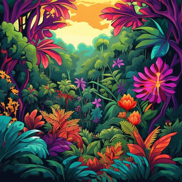 a painting of a tropical jungle scene with flowers and plants generative ai