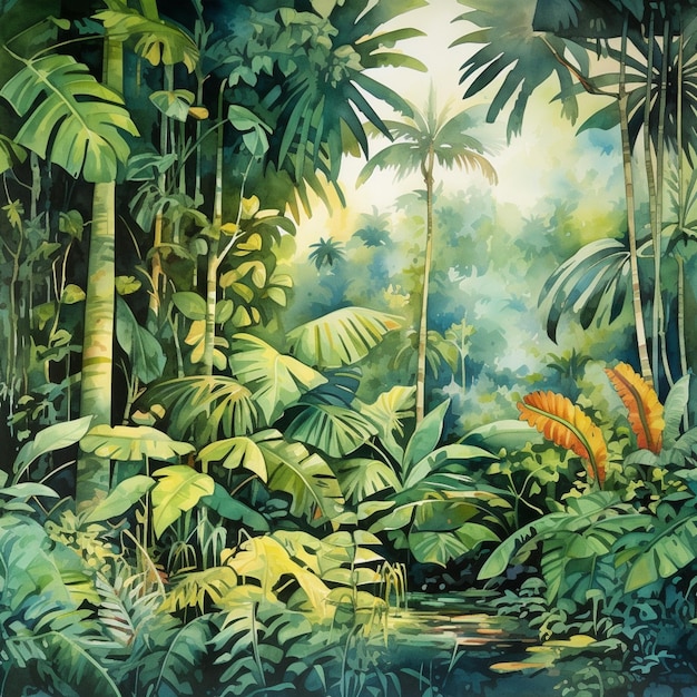 Painting of a tropical jungle scene with a stream and trees generative ai