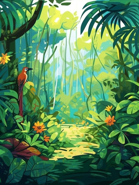 A painting of a tropical jungle with a bird sitting on a tree generative ai
