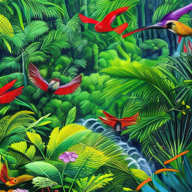 painting of a tropical jungle with birds and flowers