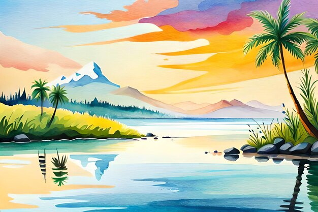 A painting of a tropical landscape with mountains and a lake