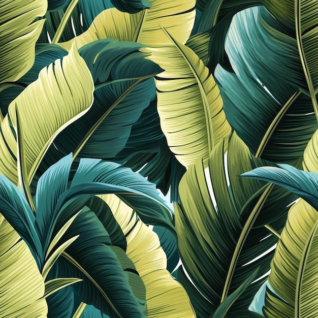 A painting of tropical leaves and palm leaves.