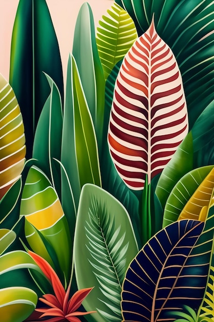 A painting of tropical leaves with the word banana on it.