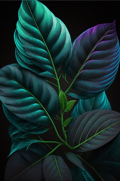 A painting of a tropical plant with green leaves and a purple flower.