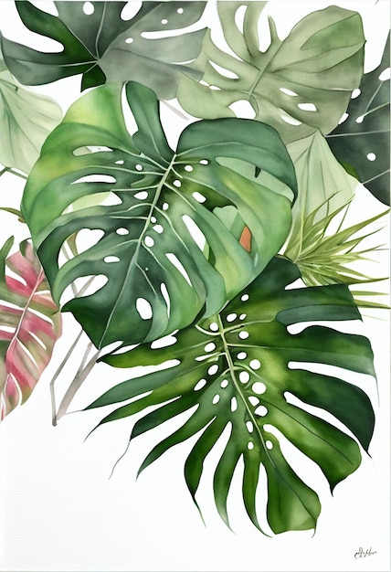 A painting of a tropical plant with green leaves.