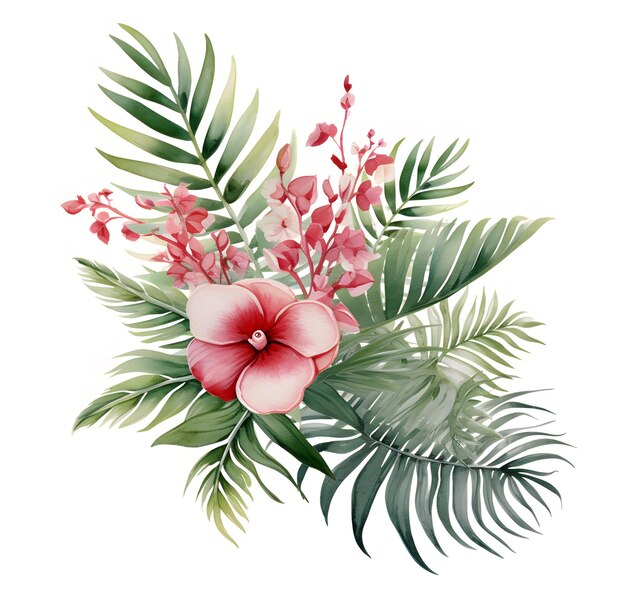 a painting of a tropical plant with pink flowers and green leaves.