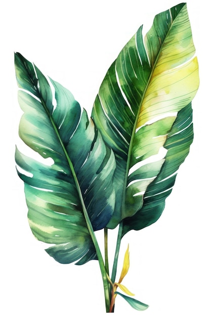 A painting of a tropical plant with a yellow and green leaf.