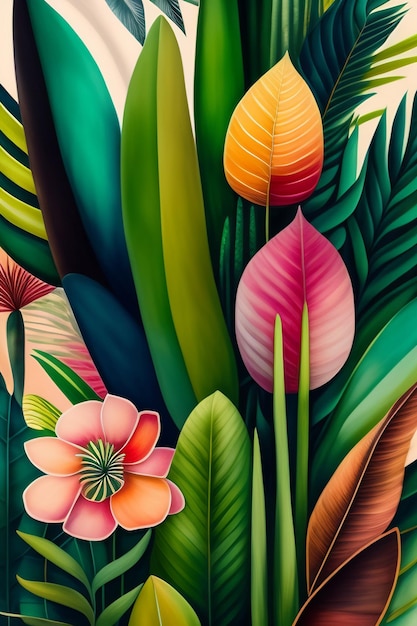 A painting of tropical plants and flowers