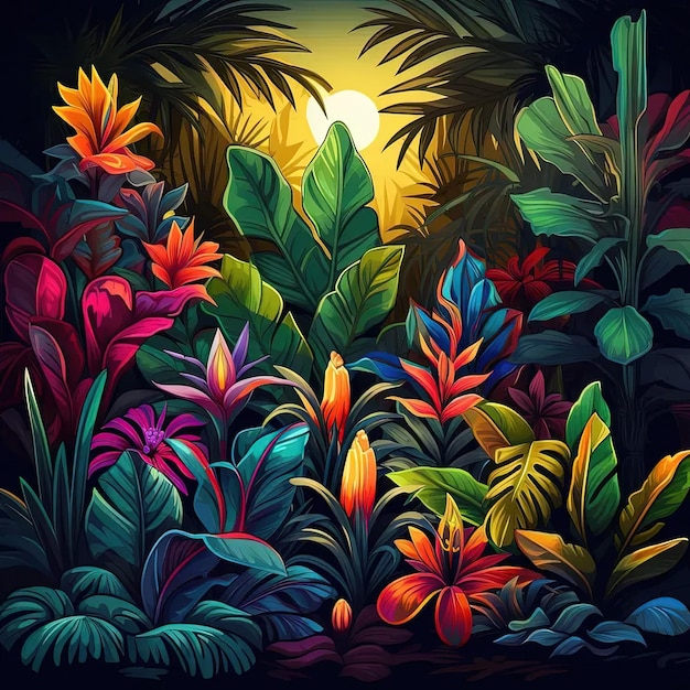 a painting of tropical plants and flowers