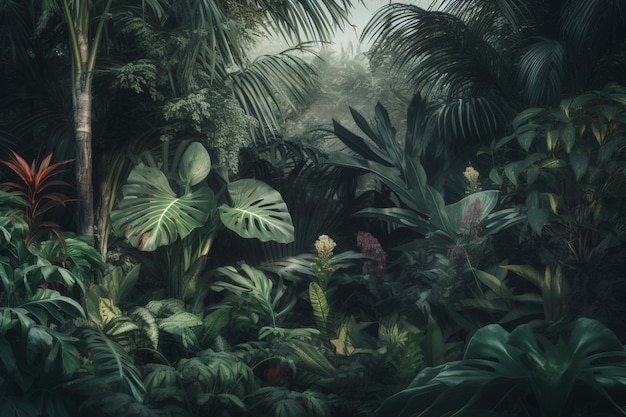 A painting of tropical plants in the jungle