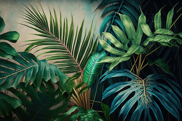 A painting of tropical plants and leaves on a wall generative AI