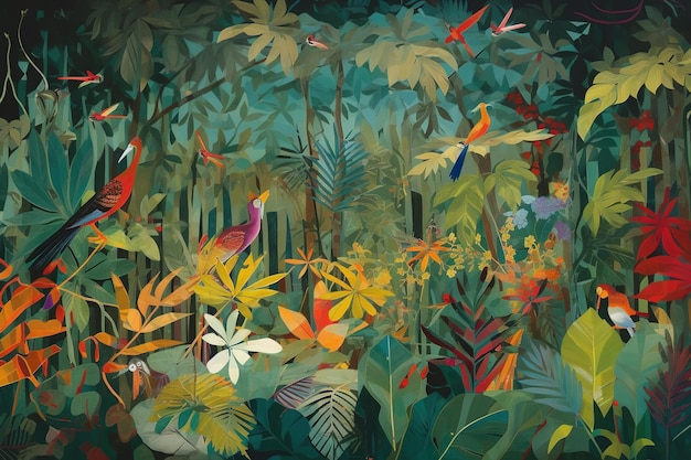 A painting of tropical plants with birds in the background.