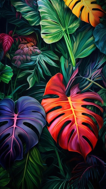 a painting of tropical plants with colorful leaves and flowers.