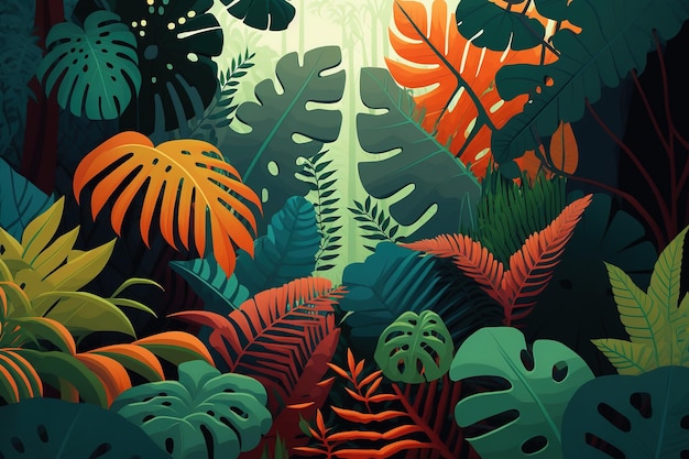 A painting of tropical plants with a green background that says " the word " on it.