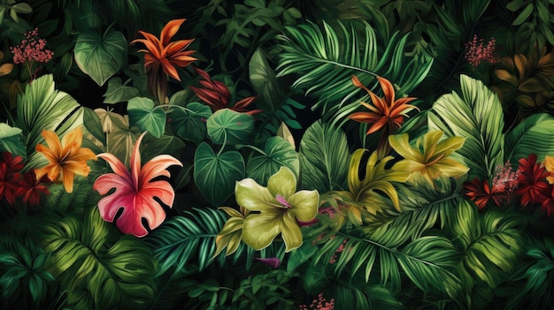 A painting of tropical plants with a tropical background.