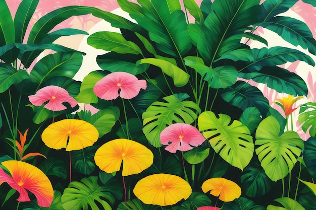 A painting of tropical plants with yellow flowers and green leaves.