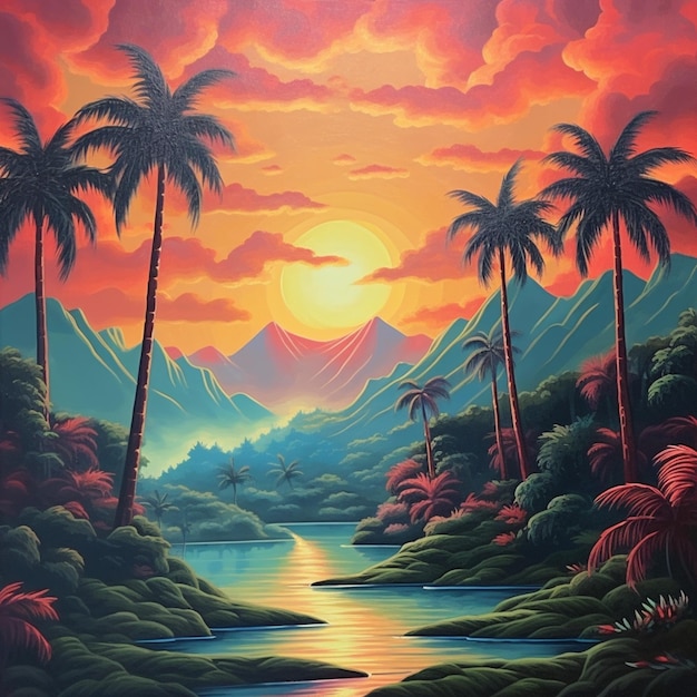 Painting of a tropical scene with palm trees and a river generative ai