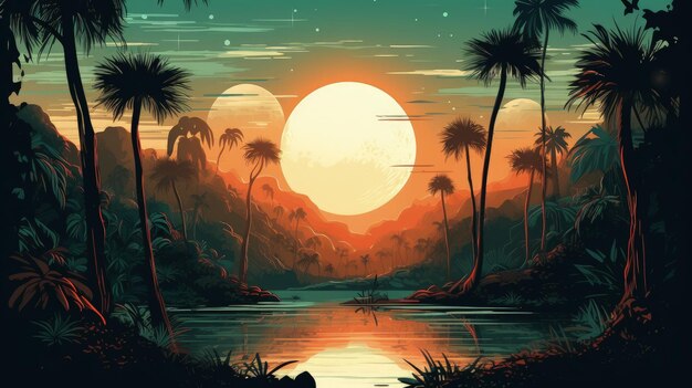 A painting of a tropical sunset with palm trees