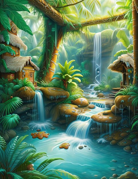 painting of a tropical waterfall in a jungle with a hut and a waterfall