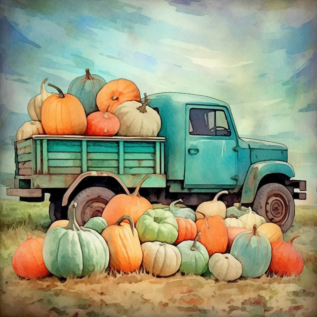 A painting of a truck full of pumpkins.