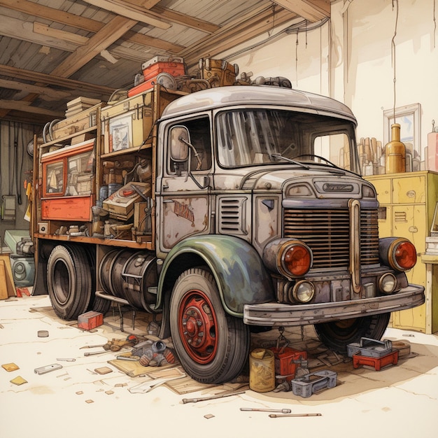 Foto pittura di un camion in un garage con un sacco di spazzatura generativa ai