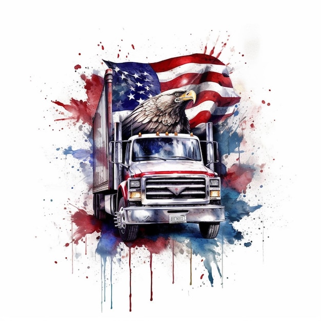 Painting of a truck with an eagle on the front and a flag on the back generative ai