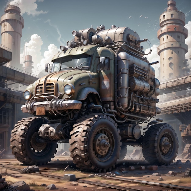 A painting of a truck with a large tank on top.