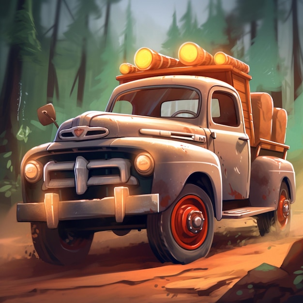 Painting of a truck with lights on driving through a forest generative ai