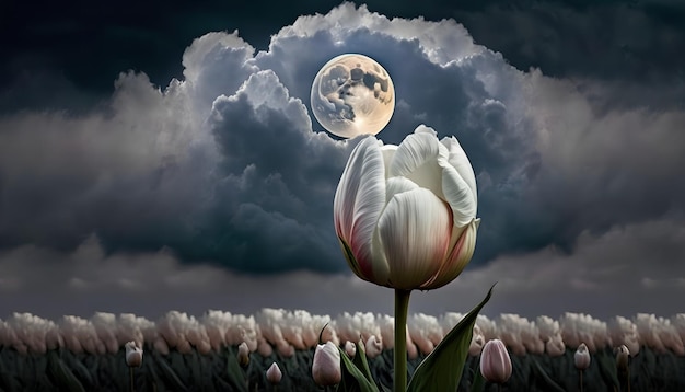 A painting of a tulip with the moon in the background