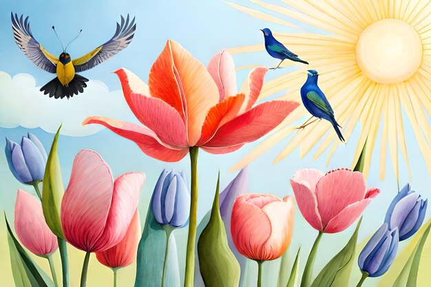 A painting of tulips and birds with the sun shining on them.