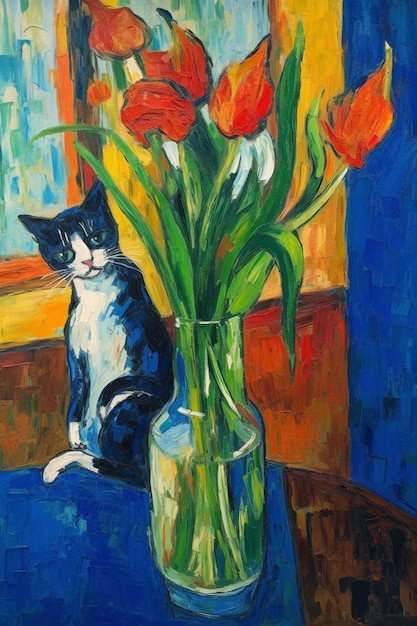 Foto un dipinto di tulipani e un gatto seduto su un tavolo.
