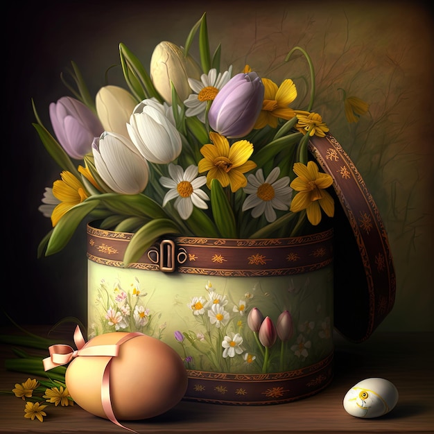 A painting of tulips and an egg with a yellow egg on the table.