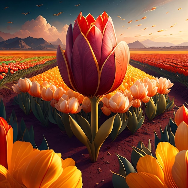 A painting of tulips in a field with the sky in the background.