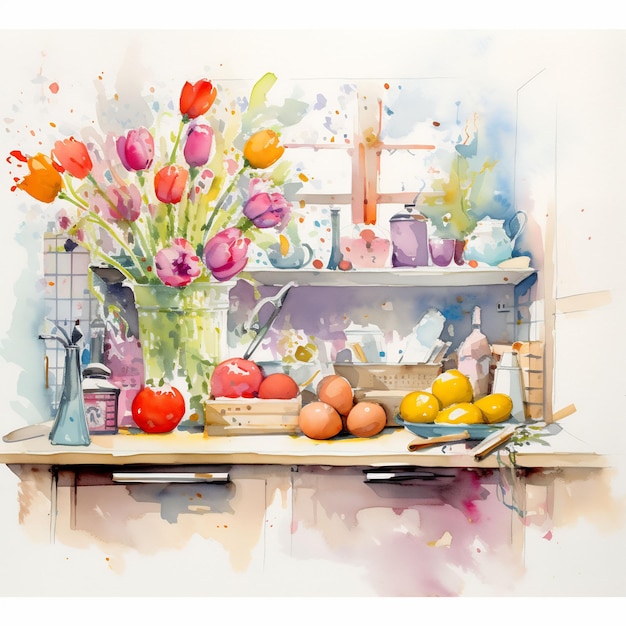 a painting of tulips and fruit on a table