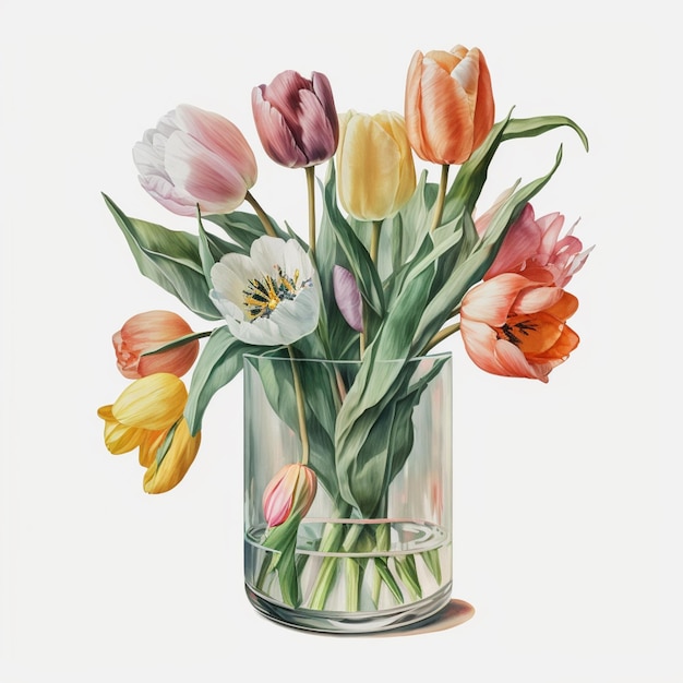 A painting of tulips in a glass with water in it.