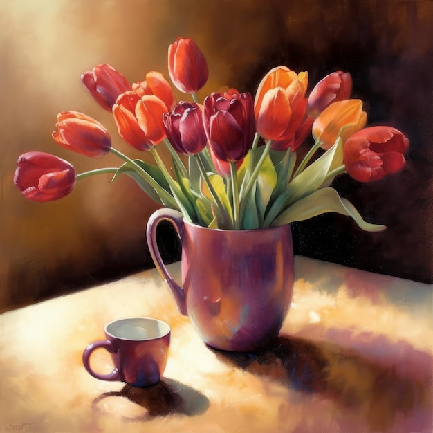 A painting of tulips in a pink pitcher and a cup of coffee.