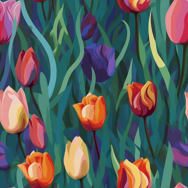 A painting of tulips in purple blue and yellow