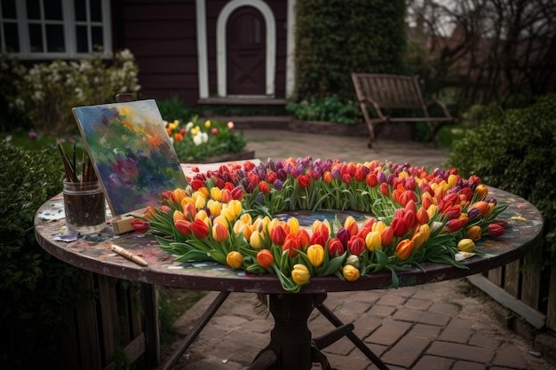 A painting of tulips sits on a table in a garden.