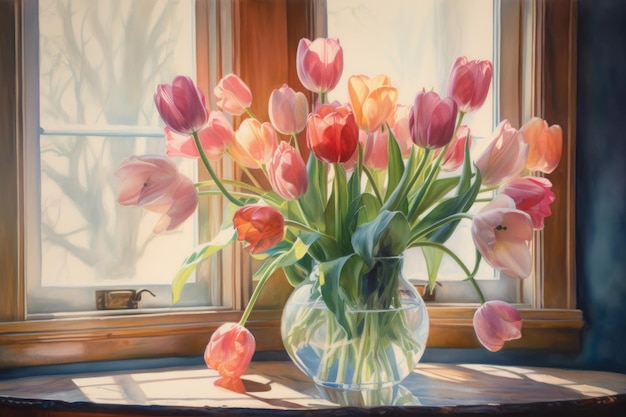 A painting of tulips in a vase on a window sill.